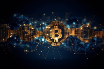 Golden bitcoin with digital blockchain connections coming out of it on dark blue background Generative AI