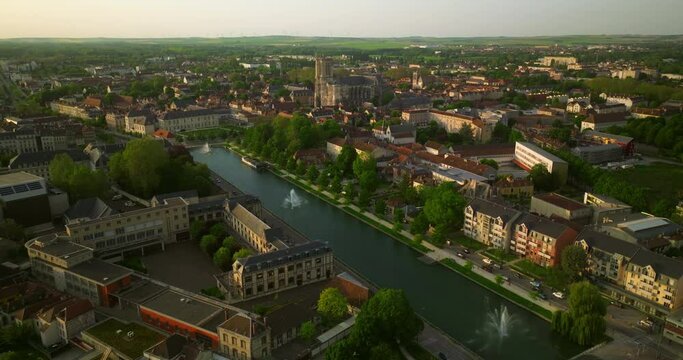 France, Troyes, Champagne Region. Aerial drone shot of the ancient and beautiful French city with beautiful architecture. Very old houses filmed from a drone. Roofs of houses in the French city