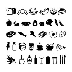 Food and drink black simple icon set vector isolated on a white background. Kitchen and food black and white symbol. Bakery products, fruits, vegetables, meat, milk, beverages, sweets icon set vector