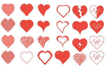 Heart Set with different shapes. Collection red Hearts isolated on white background. Cardiogram symbol. Vector illustration.