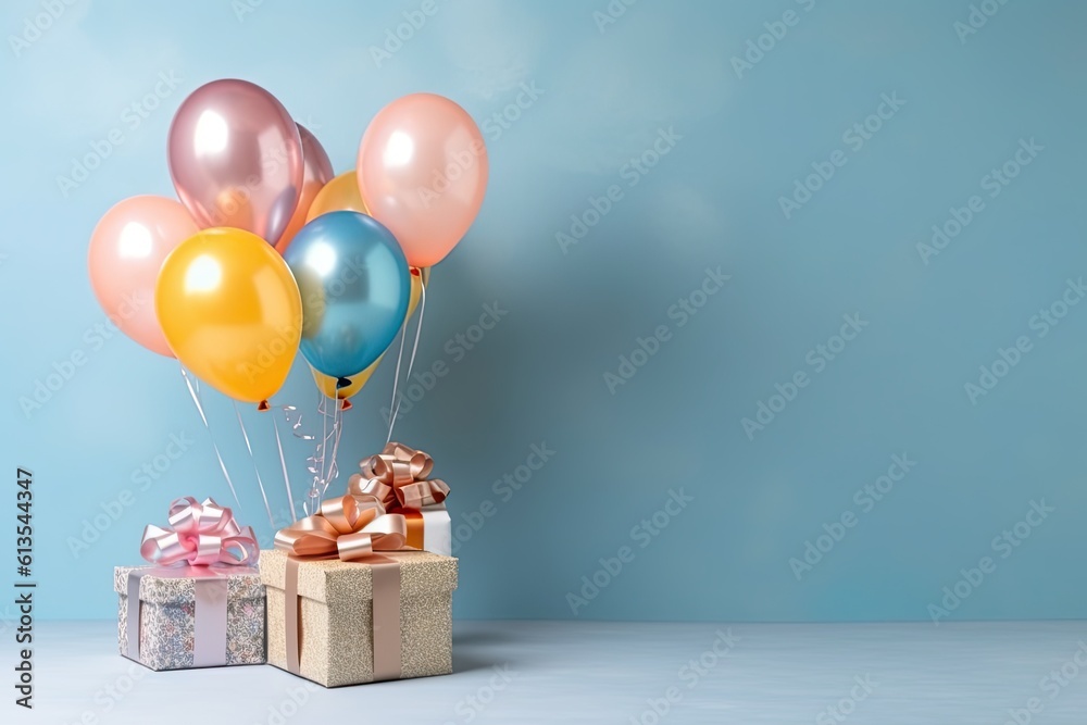 Poster various present boxes with bows and inflatable balloons birthday background copy space