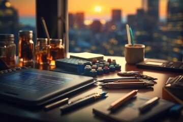 A close-up image focusing on essential office supplies such as pens, notebooks, a laptop, and a cup of coffee, representing productivity and organization. Generative AI