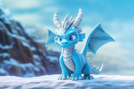 A majestic ice dragon, standing on a snowy mountain, depicted in a cartoon animation style. Generative AI
