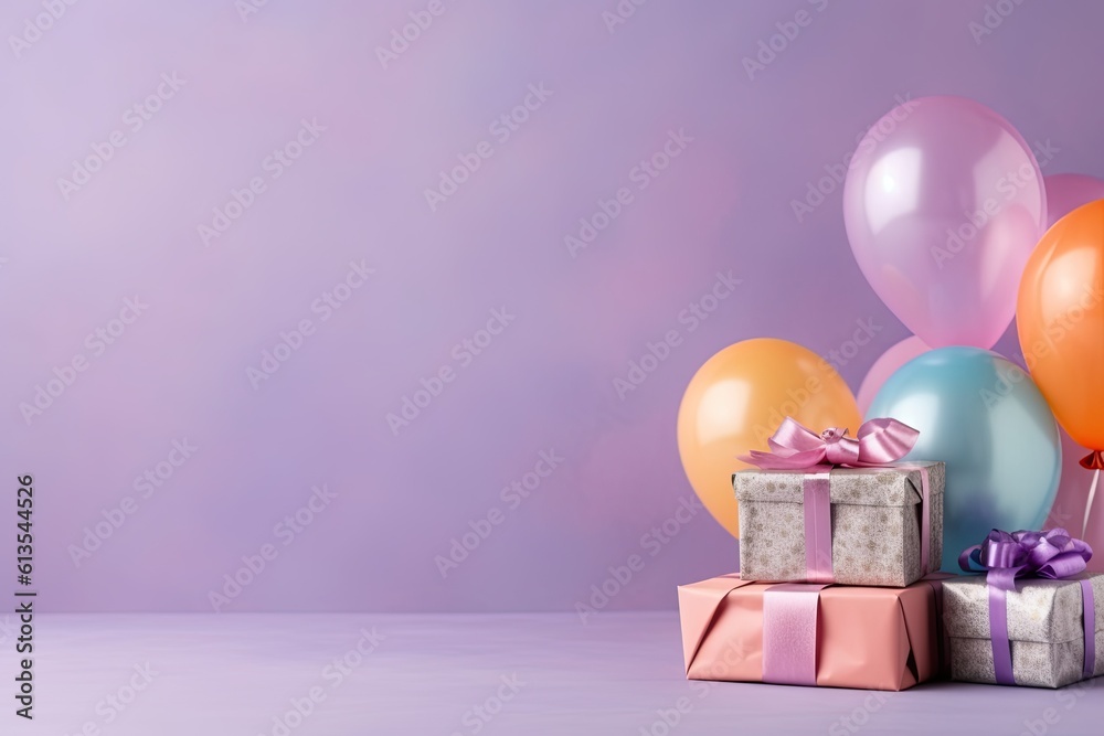 Poster various present boxes with bows and inflatable balloons birthday vibrant background copy space
