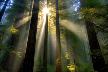 A lush forest illuminated by golden sunlight streaming through the canopy, creating a magical and ethereal ambiance