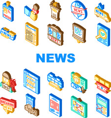 news media screen business icons set vector. digital online, information technology, breaking tv, press world, internet daily news media screen business isometric sign illustrations