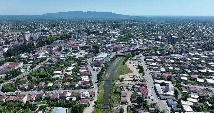 Flying over the center of Zugdidi city in Samegrelo. Georgia