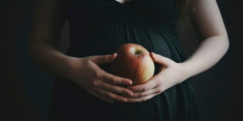 Pregnant woman in dress holds hands on belly on a dark background. Pregnant woman touching belly. Pregnancy, maternity photo, preparation and expectation concept