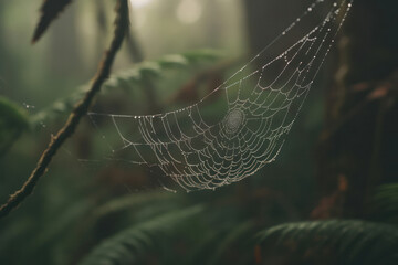 A close-up shot of a spider web glistening with dewdrops, showcasing the delicate craftsmanship and resilience of these arachnids