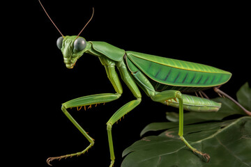 A detailed close-up of a praying mantis perched on a branch, exhibiting its unique body structure and camouflaging capabilities