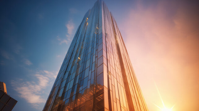 skyscraper of tall buildings at sunset stock photo, in the style of light bronze and dark amber, glazed surfaces (AI)