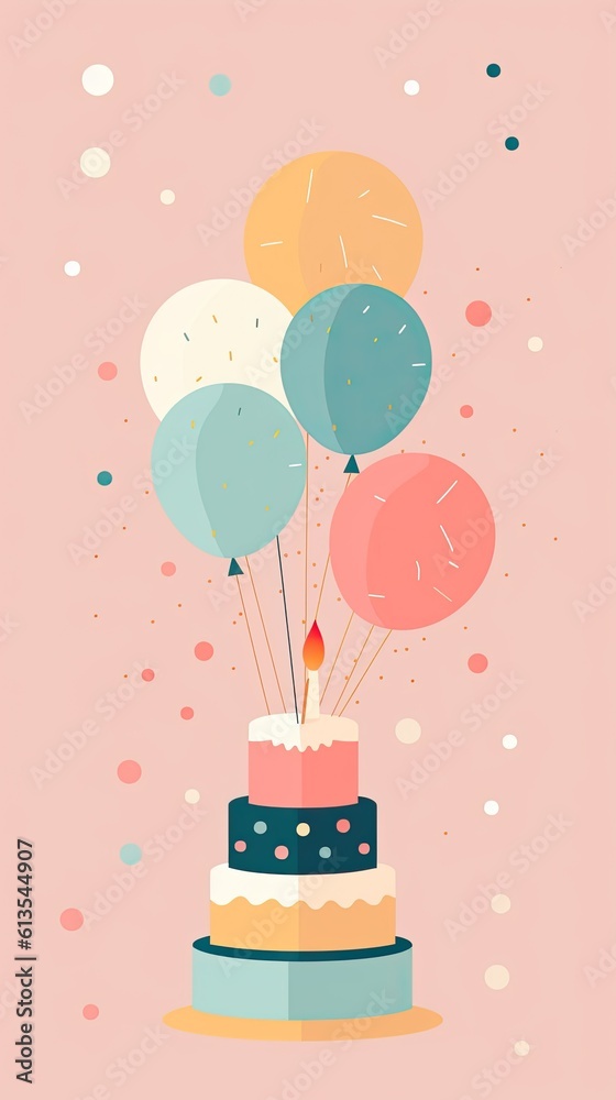 Poster layered birthday cake is enhanced by the presence of colorful inflatable balloons in the background.
