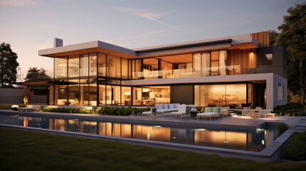 modern house exterior, richly layered, luxurious opulence, light amber and bronze (Generative AI)