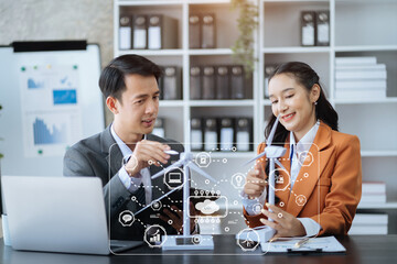 Businessman team brainstorming using tablet, laptop computer for working technology and business,  Renewable energy-based green businesses and global warming. Reduce CO2 emission.