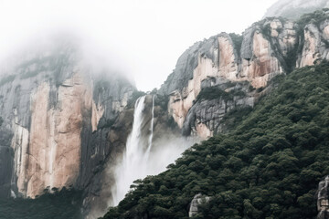 A breathtaking waterfall cascading down a lush green mountainside, surrounded by dense foliage and misty atmosphere