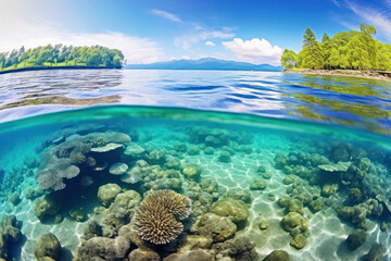 A panoramic view of a pristine sandy beach, with crystal-clear turquoise waters and a vibrant coral reef, inviting viewers to indulge in a tropical paradise