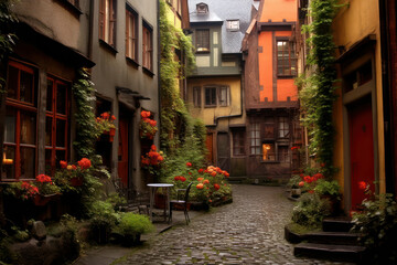 Fototapeta na wymiar An enchanting alleyway in an old European town, with cobblestone streets, colorful buildings, and hanging flower baskets, evoking a sense of nostalgia and wanderlust