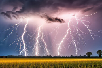 A dramatic stormy sky over a vast open field, with lightning bolts illuminating the horizon, capturing the raw power of nature