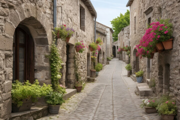 Fototapeta na wymiar An enchanting alleyway in an old European town, with cobblestone streets, colorful buildings, and hanging flower baskets, evoking a sense of nostalgia and wanderlust
