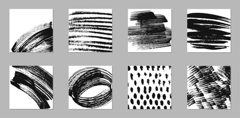 Set of grunge abstract backgrounds. Black ink marks, brush strokes, patterns.