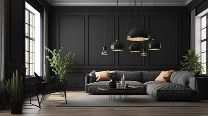 Obraz premium Dark living room interior with gray sofa mockup. Generative Ai