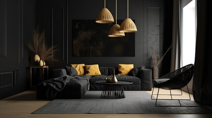 Dark living room interior with gray sofa mockup. Generative Ai