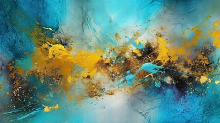 Abstract Art: Blue and Gold Paint Splashes on a Glossy Oil Texture. Generative AI