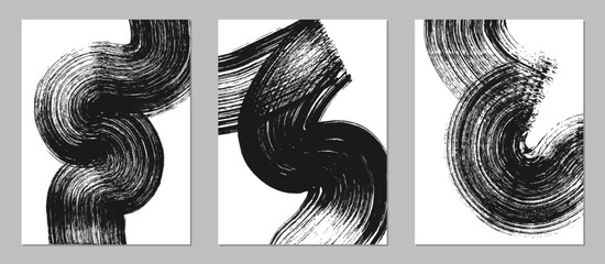 Set of abstract backgrounds. Black ink brush strokes, patterns, posters, cover.