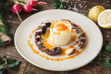 Fancy octopus dish on a plate, wooden rustic table, surrounded by fresh ingredients