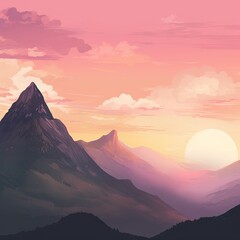 Majestic Mountain Peak Landscape Sky at Sunset - Pink Haze, Environment and Travel. Generative AI
