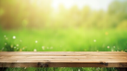 Old Wooden Table in a Beautiful Spring Green Meadow Garden with Bokeh Blurred Nature Background - Perfect for Product Display: Generative AI