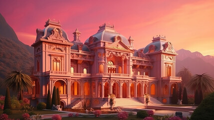 Obraz premium Luxury palace in mountains, 3d render, Bright color. Generative Ai