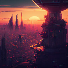 sunset in a future city