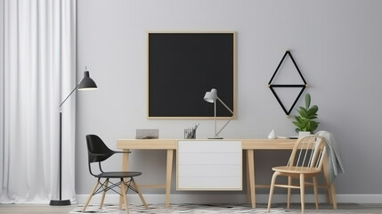 Fototapeta na wymiar Mock up poster frame in living room, working area, Scandinavian style. Generative Ai