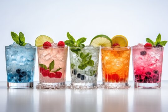a colorful display of various types of drinks in glasses