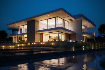 Fototapeta premium House at blue hour, AI generated