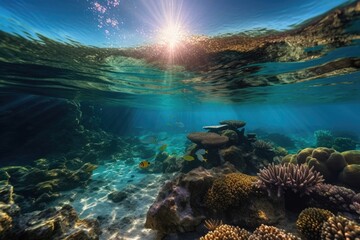 Illustration of a colorful coral reef with rays of sunlight shining through the water, Generative AI