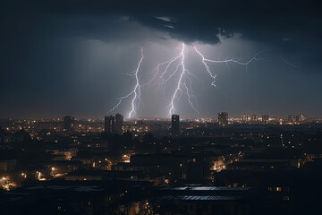 Naklejka na ściany i meble Thunderous Night Skyline. Experience the intense atmosphere as lightning strikes cast an ethereal glow over the city skyline at night. Copy space. Urban concept AI Generative