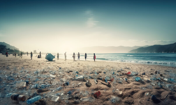 Community Cleanup Initiative. Join the efforts of volunteers cleaning up a dirty beach, taking responsibility for the environment. Copy space. Conservation concept AI Generative