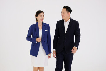 business woman and a smiling businessman standing on a white background.