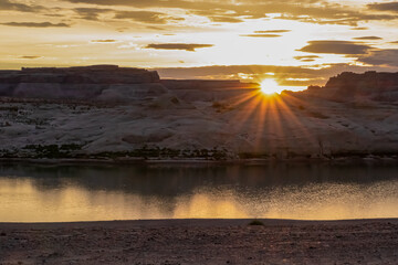 Panoramic sunset view seen from Lone Rock Beach in Wahweap Bay in Lake Powell in Glen Canyon...