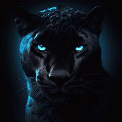 A Fierce Black Panther with Glowing Blue Eyes in a Dark and Magical Scene. Generative AI