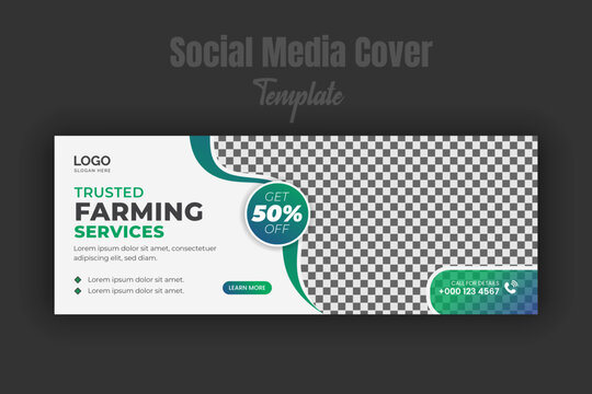Trusted farming service social media cover or post design template, modern lawn mower garden, landscaping service promote with abstract green color shapes and white background