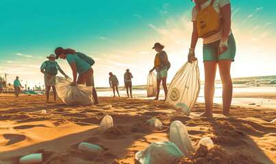 Community Cleanup Initiative. Join the efforts of volunteers cleaning up a dirty beach, taking responsibility for the environment. Copy space. Conservation concept AI Generative
