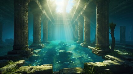 Lost in Time: Antique Temple Ruins Lying Sunken on the Seafloor, Sparkling in the Sunlight: Generative AI - obrazy, fototapety, plakaty