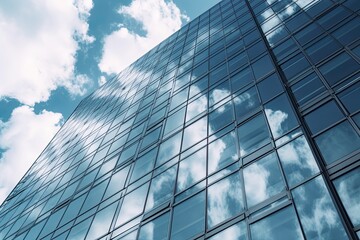 Obraz na płótnie Canvas Modern City Skyscraper with Glass Windows and Blue Sky - Business Architecture on the Move: Generative AI