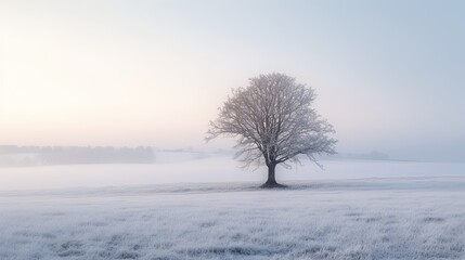 Fototapeta na wymiar Snow-Covered Wonderland: A Lonely Tree on a Serene Winter Morning: Generative AI