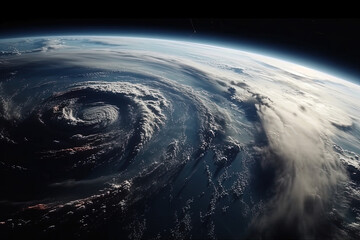 Mighty Cyclone from Above. Witness the swirling beauty of a hurricane captured from space, a captivating and destructive weather system. Copy space. Atmospheric concept AI Generative