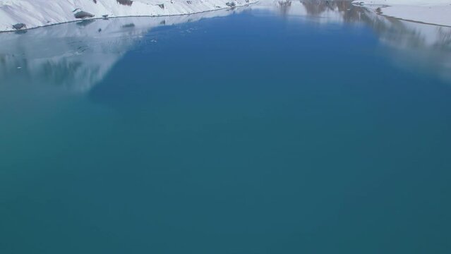Aerial establishing shot of beautiful blue Tilicho lake in high altitude Himalaya mountains range with clear blue skies background. Tilicho lake trekking route, Manang, Nepal