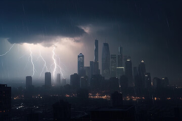 Electric thunder storm Night. Witness the dramatic scene as lightning strikes illuminate the dark stormy sky over the city skyline. Copy space for text. Weather concept AI Generative
